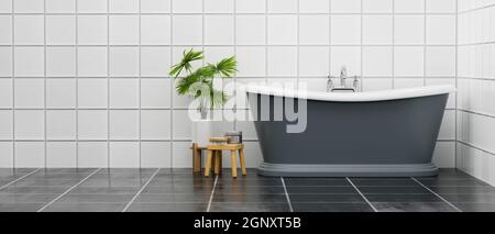 Modernes Badezimmer mit luxuriöser Badewanne, Badeprodukten und Zimmerpflanzen über gefliesten Wänden und Böden. 3d-Rendering, 3d-Illustration Stockfoto