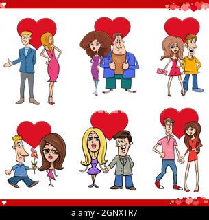 Valentine Day Cartoon Illustration Set mit verliebten Paaren Stock Vektor