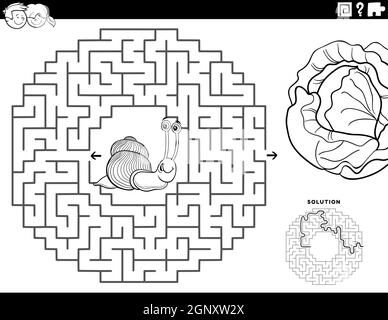 Maze Spiel mit Schnecke und Salat Färbung Buch Seite Stock Vektor