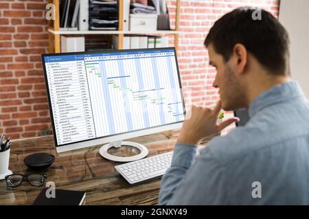 Geschäftsmann Arbeitet An Gantt-Diagramm Mit Computer Auf Office Desk Stockfoto