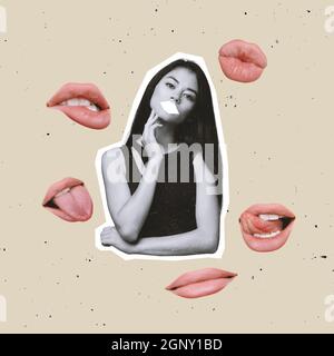Zeitgenössische Kunst Collage von schönen jungen Frau mit leeren Lippen Raum. Konzept der Emotionen, Stimmung Stockfoto