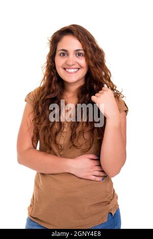 Happy übergewichtet Frau posiert auf weißem Hintergrund Stockfoto