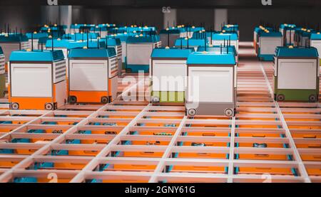 Innenraum eines Lagers mit automatisierter Logistik. 3d-Rendering. Stockfoto