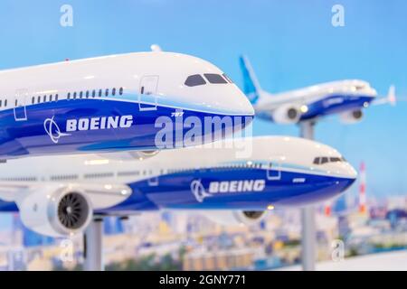 Boeing 787, 777 X, 737 max Airliner Modell dreamliner auf dem Stand des Unternehmens. Russland. Moskau. 22. Juli 2021 Stockfoto