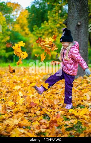 Ein Mädchen wirft eine Menge gelbe Ahornblätter Stockfoto