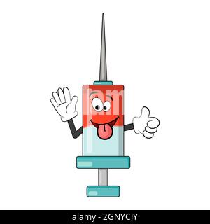 Spritze Cartoon-Figur. Medizinische Geräte niedlich Comic-Ikone. Symbol des Impfstoffs gegen Covid-19. Lustige Vektor-Design auf weißem Hintergrund isoliert. Stock Vektor