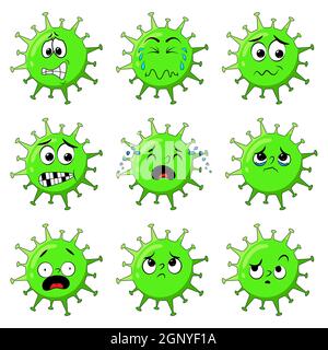 Coronavirus-Charakter zeigt Sorge und Angst Ausdruck. Cartoon-Set von gestressten Virus Maskottchen mit verschiedenen Gesichtsemotion wie nervös, verwirrt. Vektordarstellung auf weißem Hintergrund isoliert. Stock Vektor