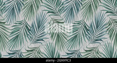 Tropisches, exotisches Nahtloses Muster mit blauen und grünen Palmblättern. Handgezeichnete Vintage-Illustration, Hintergrund und Textur. Gut für Tapeten Stockfoto