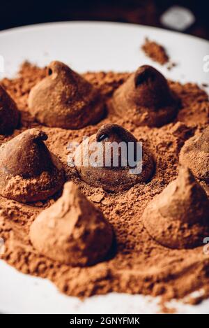 Hausgemachte Schokolade Trüffel umhüllt mit Kakao Pulver auf weiße Platte Stockfoto