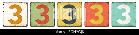 Fünf vintage Blechschilder auf weißem Hintergrund - Zahl 3 Stockfoto