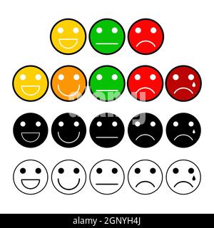 Schaltflächen für die Umfrage zur Kundenmeinung sind gesetzt. Stimmungsgrad mit Emoji-Gesicht. Symbole auf der Skala zur Messung der Kundenzufriedenheit. Vektordarstellung auf weißem Hintergrund isoliert.