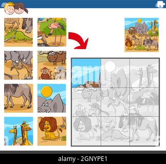 puzzle-Spiel mit wilden Comic-Tierfiguren Stock Vektor