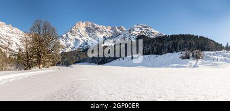 Schöne idyllische Winterlandschaft: atemberaubende Berge, verschneite Bäume und blauer Himmel. Panorama. Stockfoto
