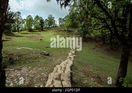 Langer und enger Wanderweg aus Steinen, Nepal Stockfoto