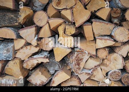 Gestapeltes Brennholz aus Birke und Eiche zur Ofenheizung eines Dorfhauses mit Kamin. Hintergrund. Stockfoto