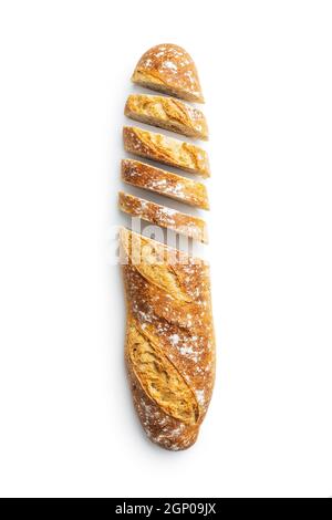 Baguette in Scheiben. Knusprige frische Baguettes isoliert auf weißem Hintergrund. Stockfoto