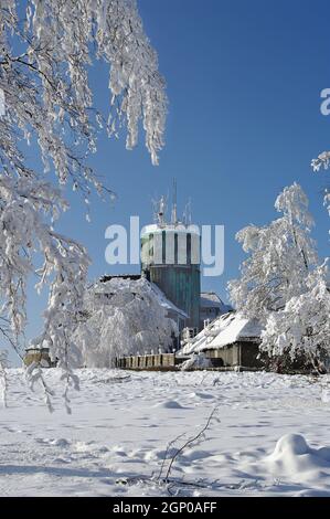 Schneebedeckte Bäume auf dem Kahlen Asten im Rothaargebirge vor blauem Winterhimmel. Im Hintergrund des Astenturms mit Hotel und der Station des Deutsc Stockfoto