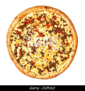 Isolierte Pizza mit Hackfleisch und Tomaten Stockfoto