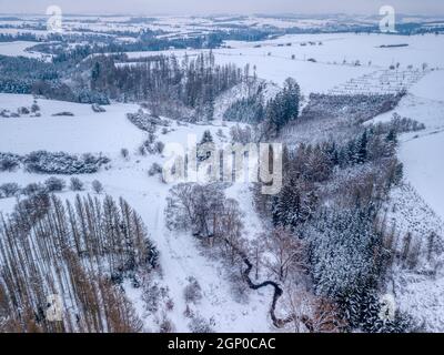 Luftaufnahme der teilweise entwaldeten Landschaft, Winterthema. Tschechische Republik, Vysocina Region Hochland Stockfoto