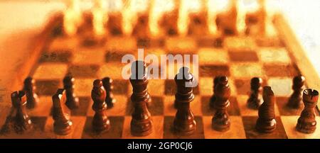 Schachfiguren auf dem Brett. Strategiespiele. Künstlerische Arbeit Stockfoto