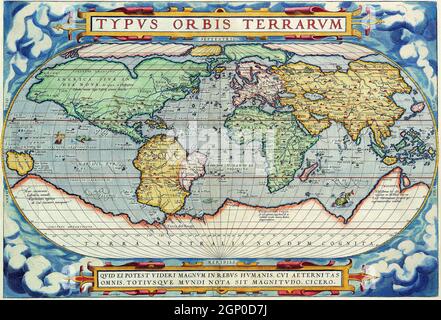 Antike Jahrgangskarten der Weltkarte Abraham Ortelius 17. 18 Stockfoto