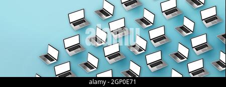Moderne Laptops auf blauem Hintergrund. 3D-Illustration. Stockfoto