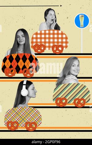 Collage aus zeitgenössischer Kunst von Frauen, die zum Oktoberfest gehen. Gezogene Busse Stockfoto