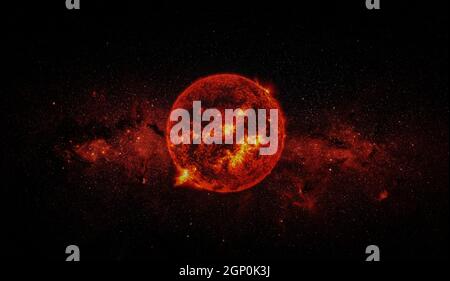 Sonne auf Weltraumhintergrund. Elemente dieses Bildes, die von der NASA eingerichtet wurden. Stockfoto