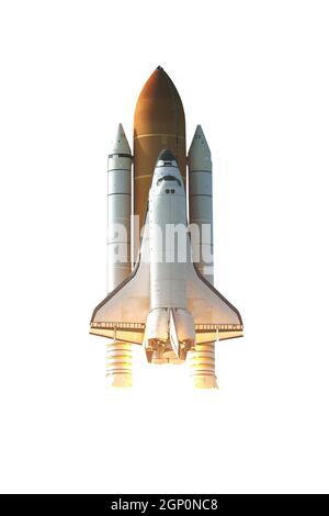 Space Shuttle isoliert auf weißem Hintergrund mit Beschneidungspfad. Elemente dieses Bildes, die von der NASA eingerichtet wurden. Stockfoto