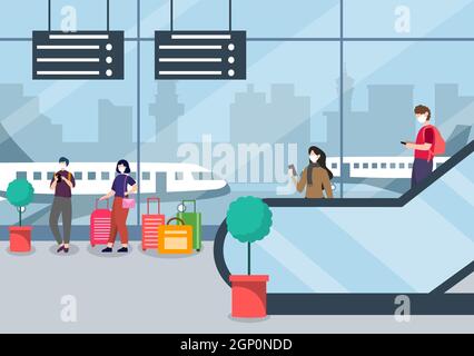 New norma, Vektor-Illustration Menschen in Masken stehen auf Rolltreppe Flughafen Interior Terminal, Business Travel Konzept. Vorlage Für Flaches Design Stock Vektor