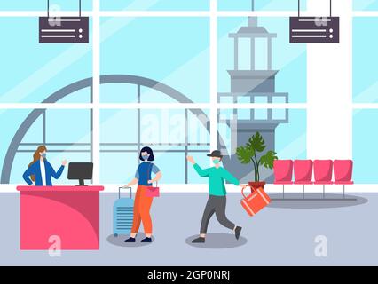 New norma, Vektor-Illustration Menschen in Masken beobachten soziale Distanzierung im Innenflughafen, Check-in Line und Queue Travel Flat Design. Stock Vektor
