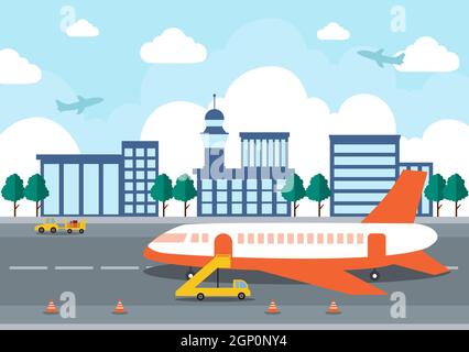 Flughafenterminal Gebäude mit Infografik Flugzeuge starten und verschiedene Transportarten Elemente Vorlagen Vektor Illustration Stock Vektor