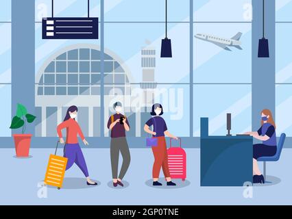 New norma, Vektor-Illustration Menschen in Masken beobachten soziale Distanzierung im Innenflughafen, Check-in Line und Queue Travel Flat Design. Stock Vektor