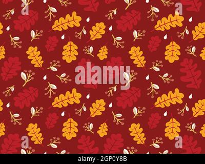 Nahtloses Herbstmuster. Rote und gelbe Blätter Hintergrund Design. Flache, farbenfrohe Vektorgrafik Stock Vektor