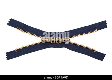 Der blaue Reißverschluss. Metall-Reißverschlüsse für Kleidung weißen Hintergrund. Stockfoto