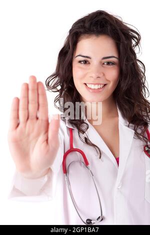 Junger Arzt machen Stop-Schild Stockfoto