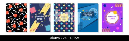 Set von Memphis Style Abdeckungen. Flache Vektorgrafiken für Hintergrund, Broschüren, Poster und Banner. Stock Vektor