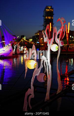 DUBLIN, IRLAND - 27. Okt 2019: Vertikale Aufnahme der Nacht Sehen Sie sich eine Sound- und visuelle Installation an, die auf dem Wasser schwimmt. Das Bram Stocker Festival in Dub Stockfoto