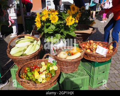UEBERLINGEN, DEUTSCHLAND - 18. Sep 2021: Bodensee September: Am Marktstand werden Korbkörbe mit Mais, Paprika, Kürbis und Äpfeln grou Stockfoto