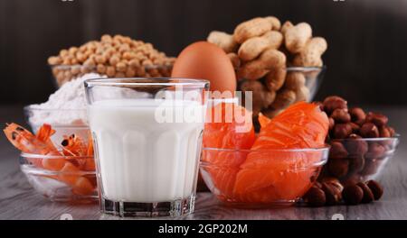 Zusammensetzung mit gängigen Lebensmittelallergenen wie Ei, Milch, Soja, Erdnüssen, Haselnüssen, Fisch, Meeresfrüchten und Weizenmehl Stockfoto