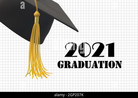 Graduierung 2021 Kappe. Klasse von 2021 Jahr. Bildungskonzept, isoliert, 3D-Illustration Stockfoto