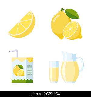 Set aus frischen Zitronenfrüchten und Limonade. Flat Style Kollektion: Zitronenscheibe und ganze Frucht, Zitronensaft-Pakete Karton, Glas, Krug. Premium-Vektor Stock Vektor