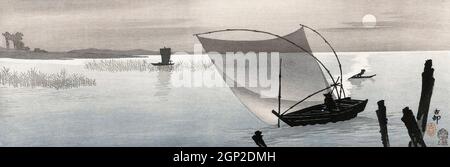 Fischerboote bei Vollmond (1900&ndash;1910) von Ohara Koson. Stockfoto