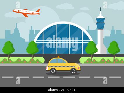 Flughafenterminal Gebäude mit Infografik Flugzeuge starten und verschiedene Transportarten Elemente Vorlagen Vektor Illustration Stockfoto