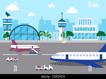 Flughafenterminal Gebäude mit Infografik Flugzeuge starten und verschiedene Transportarten Elemente Vorlagen Vektor Illustration Stockfoto