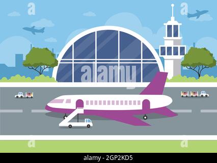 Flughafenterminal Gebäude mit Infografik Flugzeuge starten und verschiedene Transportarten Elemente Vorlagen Vektor Illustration Stockfoto