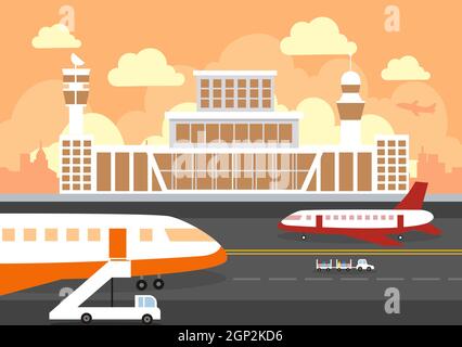 Flughafenterminal Gebäude mit Infografik Flugzeuge starten und verschiedene Transportarten Elemente Vorlagen Vektor Illustration Stockfoto