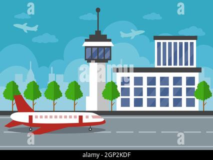 Flughafenterminal Gebäude mit Infografik Flugzeuge starten und verschiedene Transportarten Elemente Vorlagen Vektor Illustration Stockfoto