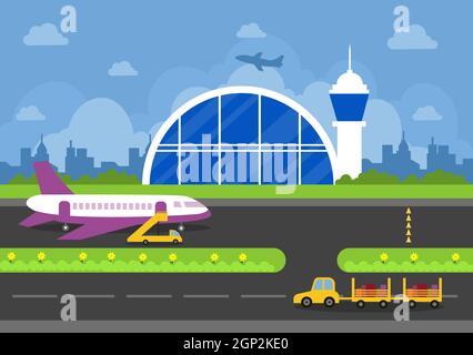 Flughafenterminal Gebäude mit Infografik Flugzeuge starten und verschiedene Transportarten Elemente Vorlagen Vektor Illustration Stockfoto