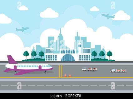 Flughafenterminal Gebäude mit Infografik Flugzeuge starten und verschiedene Transportarten Elemente Vorlagen Vektor Illustration Stockfoto